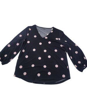 Adrianna Papell Women Black & Pink Polka Dot V-Neck Long Sleeves Blouse Size L